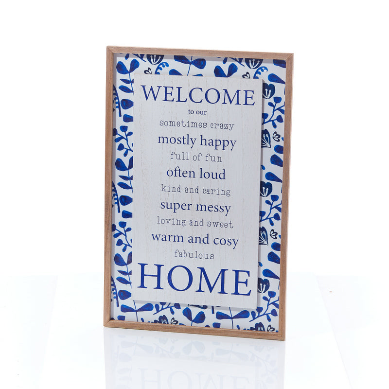 Blue Floral Framed Home Plaque on White Wood