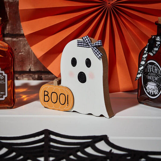 3D Wooden Ghost "Boo" Block with Gingham Ribbon – Cream