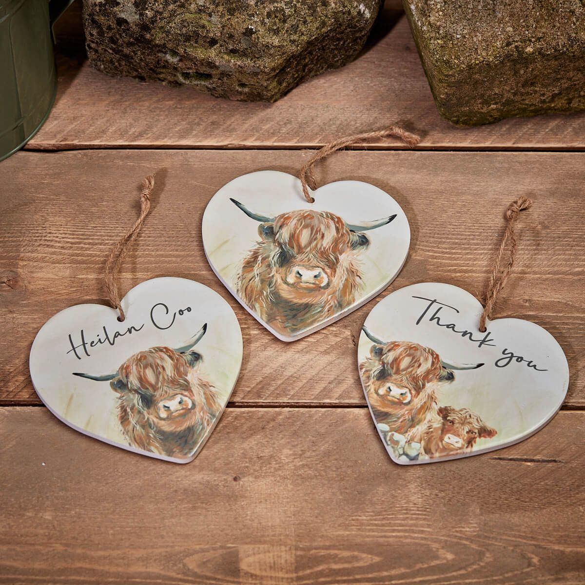 Dougal the Highland Cow – Ceramic Heart Hanger (Set of 3)