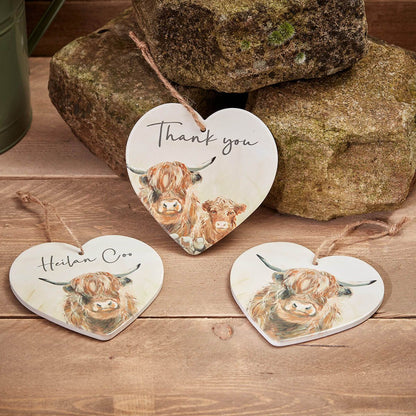 Dougal the Highland Cow – Ceramic Heart Hanger (Set of 3)