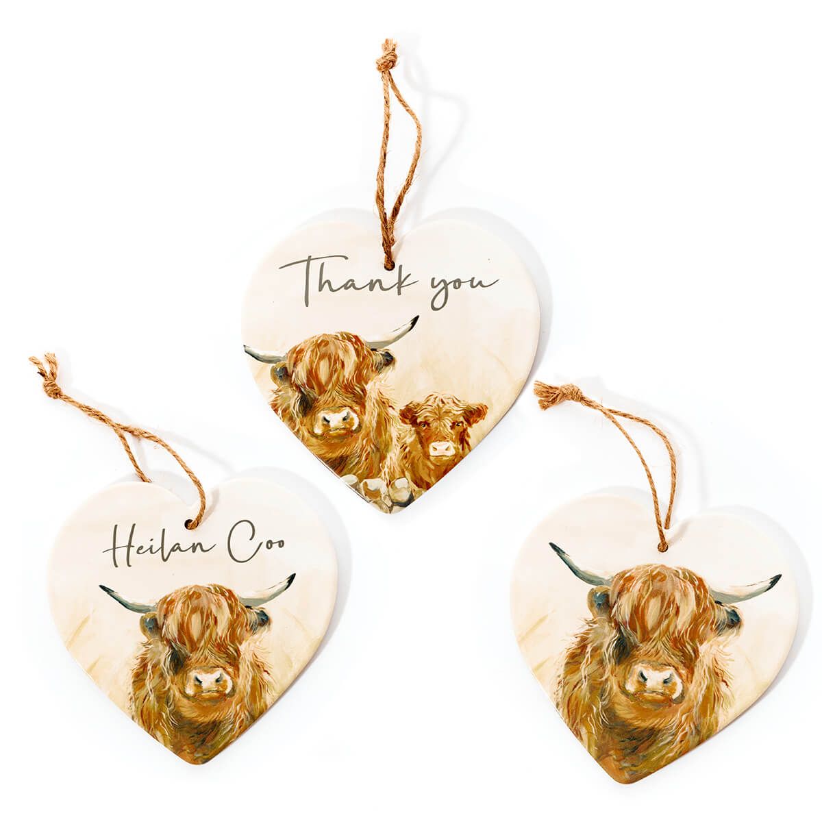 Dougal the Highland Cow – Ceramic Heart Hanger (Set of 3)