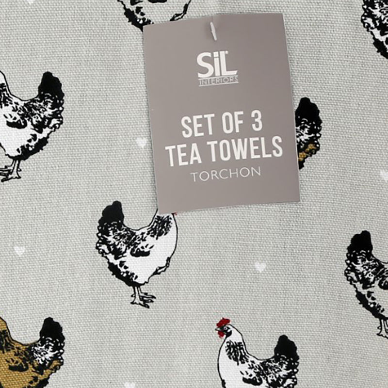 Chicken Motif Grey Tea Towels Pack of Three 100% Cotton