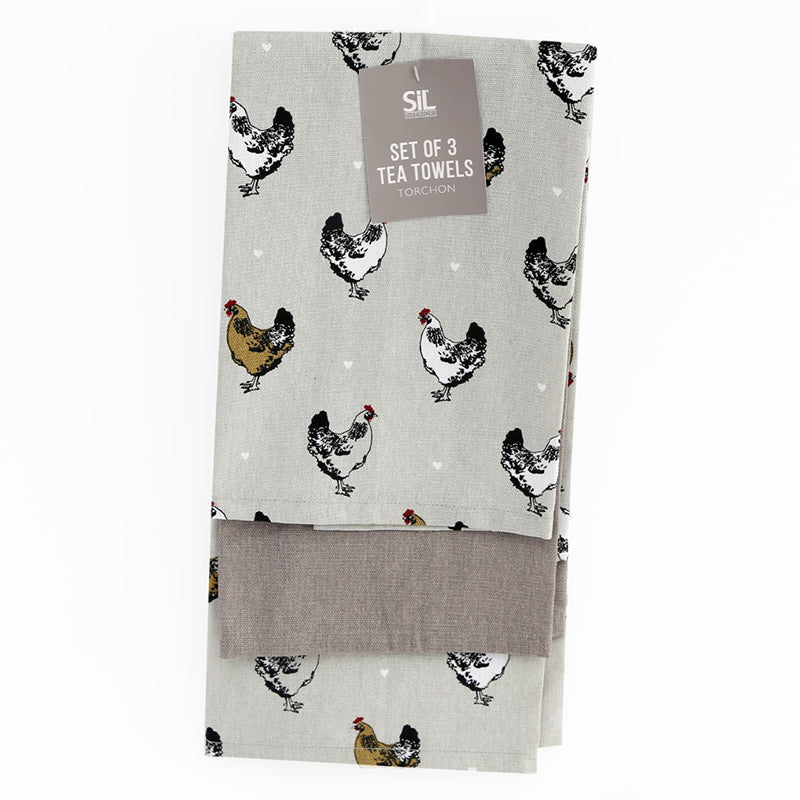 Chicken Motif Grey Tea Towels Pack of Three 100% Cotton