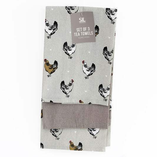 Chicken Motif Grey Tea Towels Pack of Three 100% Cotton