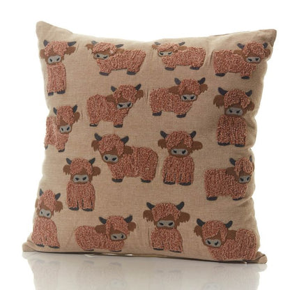 Dougal the Highland Cow – Taupe Embroidered Cushion (100% Cotton)