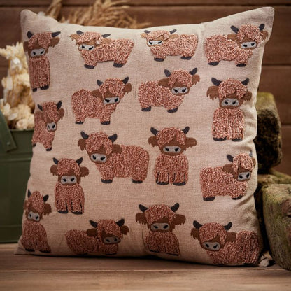 Dougal the Highland Cow – Taupe Embroidered Cushion (100% Cotton)