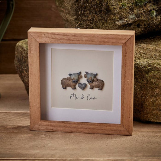 Dougal the Highland Cow – 'Me & Coo' Pebble Art in Wood Frame