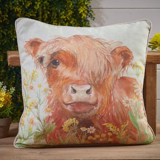 Highland Cow Floral Cushion – Printed Linen Fabric