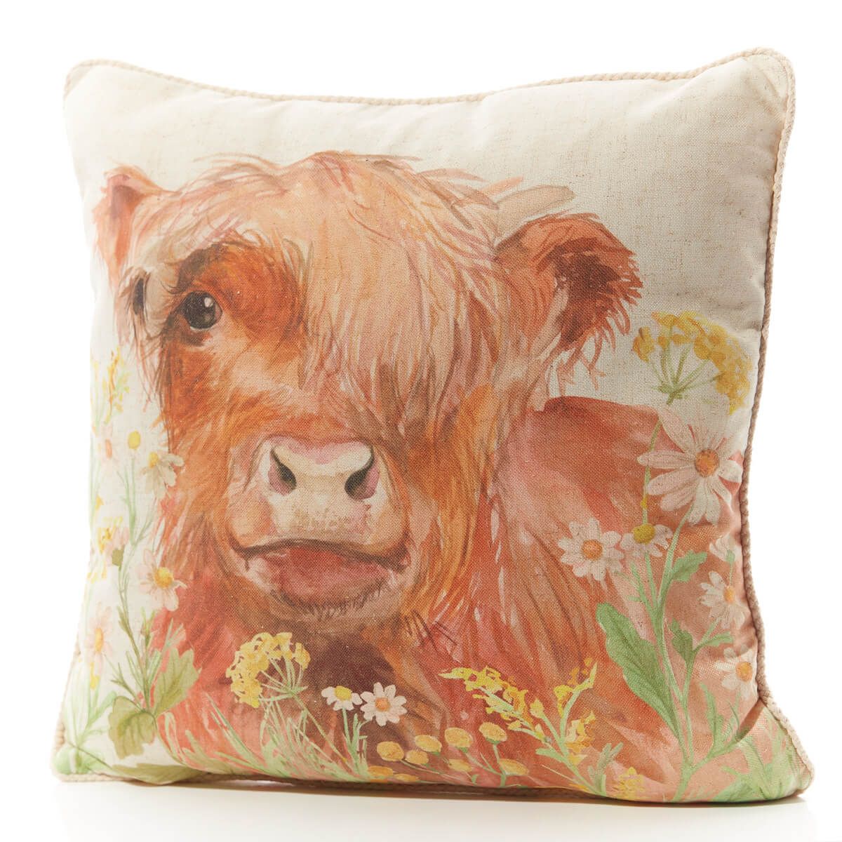 Highland Cow Floral Cushion – Printed Linen Fabric