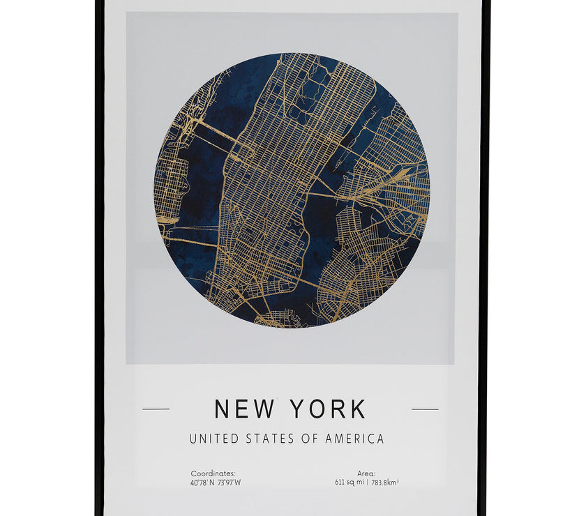 Map of New York Framed Foil on Canvas